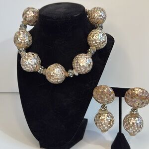 Vintage Mother of Pearl Disco Necklace and Clip on Earring Set